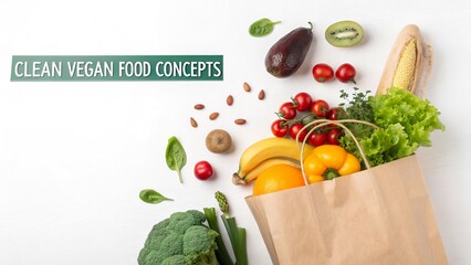 Fresh vegan ingredients in a brown paper bag with assorted vegetables and fruits on a white background