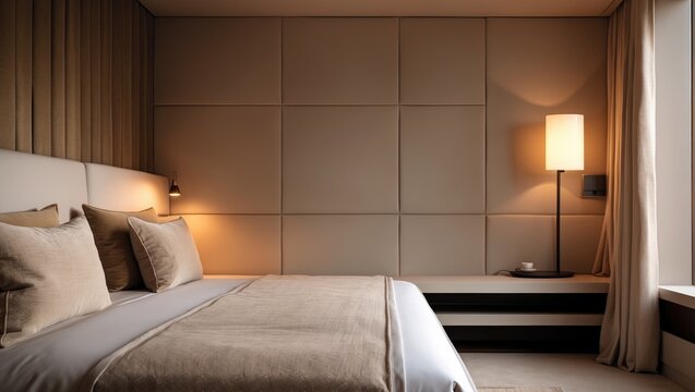 Modern bedroom interior style showcasing a beige and brown color palette and decorative cushions