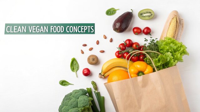 Fresh vegan ingredients in a brown paper bag with assorted vegetables and fruits on a white background