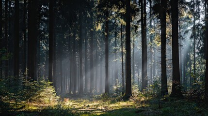 Obraz premium Sunlight Filtering Through Misty Forest Path