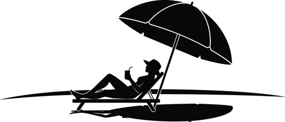 Beach relaxation silhouette, person on lounge chair, umbrella shade, summer vacation scene, drink in hand, minimal vector art, clean design, white background