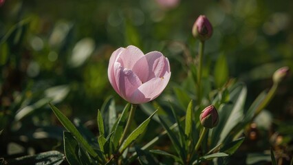 Pink flowers of a wild meadow plant half-opened, natural scenery, spring vibe, leaves, garden space, vibrant green, vegetation, park surroundings, pink color, East Asian theme