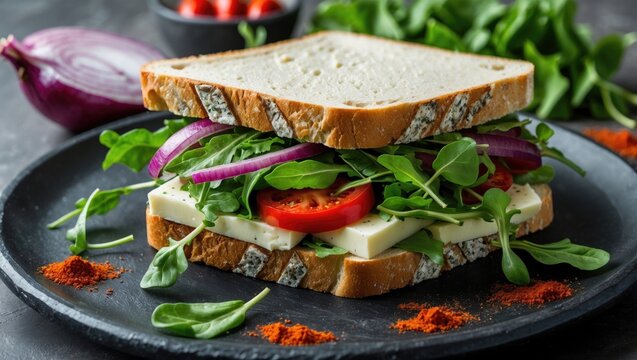 Wholesome vegetarian sandwich with creamy cheese, fresh rocket leaves, red onion slices, and paprika on a black stone dish