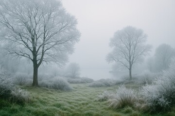 Obraz premium Frozen winter morning with foggy skies over a vast moor and the eternal ocean