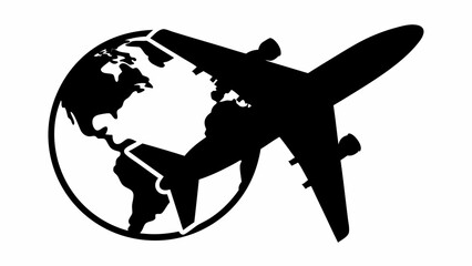 Silhouette of airplane flying over globe depicting international travel and global transportation routes shown