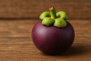 Vibrant mangosteen showcasing purple exterior and green calyx on a wooden surface