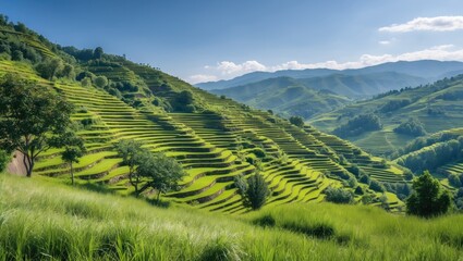 Picturesque slopes adorned with vibrant terraces beneath a pristine sky