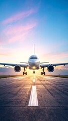 Obraz premium Airplane landing at sunset