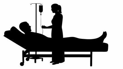 Silhouette of a nurse attending to a patient lying in a hospital bed with an iv drip stand nearby
