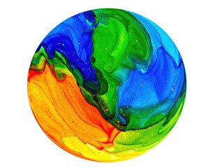 Vibrant abstract sphere of flowing blue green and orange alcohol ink with gold glitter specks.