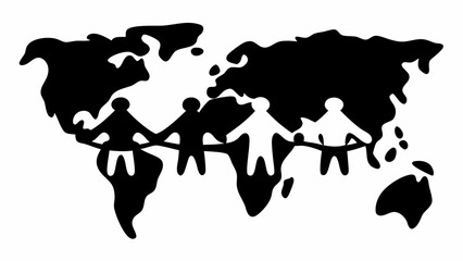 World map silhouette with diverse people holding hands in unity and global connection spanning continents