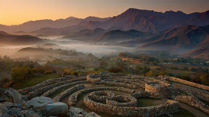 Sunrise Over Misty Valley With Stone Spiral
