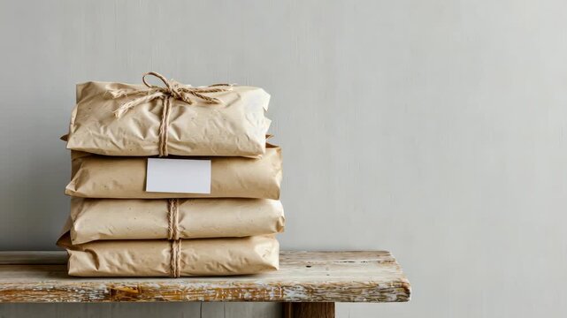 Stacked brown packages on wooden table with blank label in minimalist setting