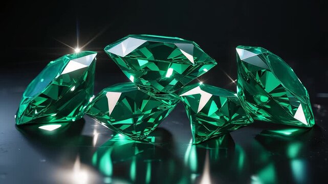 Shiny green emerald gemstones with sparkling facets arranged on dark reflective surface under dramatic lighting creating luxury background