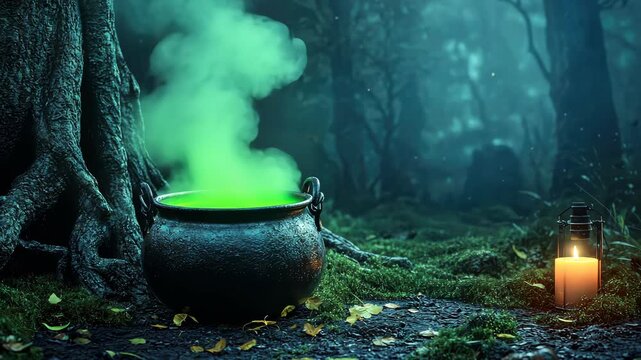 Enchanted forest cauldron emanating mystical green smoke in moonlit woods