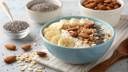 Fototapeta premium Delicious and easy breakfast options for seniors featuring yogurt, bananas, and nuts