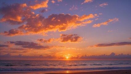 Fototapeta premium Twilight Sky Showcasing Orange, Yellow, and Purple Shades over a Peaceful Landscape