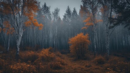 Fototapeta premium Chilling and shadowy fall scene in a remote northern woodland with a bleak atmosphere