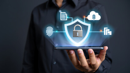 Digital security shield with fingerprint and cloud cybersecurity data protection