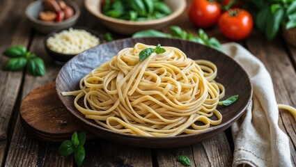 Freshly made noodles arranged on a wooden tabletop