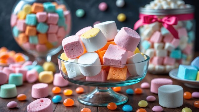 Assorted fluffy marshmallows presented in a glass container and on a dish, perfect for festive gatherings. Bright candy assortment for birthdays and holidays. Pastel-colored confections in a store