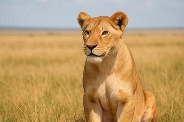 Naklejka premium The vigilant lioness surveying the open plains