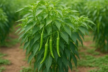 Naklejka premium Garden Scene Featuring a Green Chili Tree