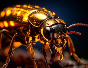 Fototapeta premium Close-up portrait of a majestic golden insect, its metallic shell sparkling with a fiery luminescence against a deep blue backdrop