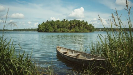 Fototapeta premium Secluded river and island scene featuring vibrant nature and wooden elements