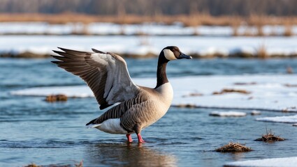 Fototapeta premium A goose with distinctive white front swimming in a wintertime river