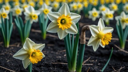 Fototapeta premium Vivid daffodil plant with lush green leaves and blooming yellow flowers on a clear spring day