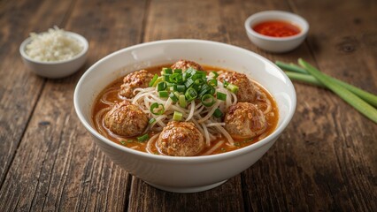 Bowl of chicken meatball noodle dish placed on a table, a well-liked street snack