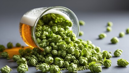 A beer glass with green hop pellets pouring out on a gray background