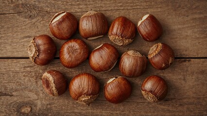 Group of edible chestnuts arranged on a wooden surface, culinary, fall, fruit, meal, organic, treat, season, seed