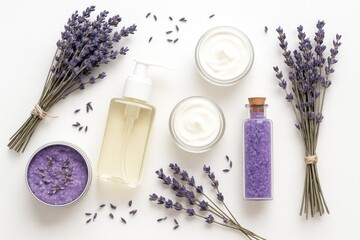 Obraz na płótnie Canvas Natural herbal cosmetics with lavender arranged flat on a white background - top view mockup
