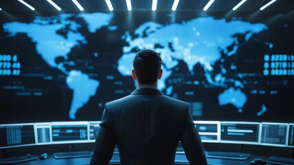 Businessman in suit standing before large digital world map screen with glowing data panels and futuristic global monitoring control room - Powered by Adobe