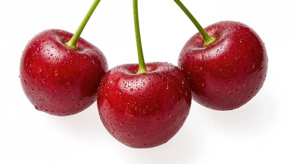 A trio of fresh cherries set against a white surface