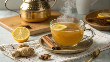 Enjoying a warm cup of turmeric ginger tea with spices and lemon on a cozy table setting for relaxation and wellness