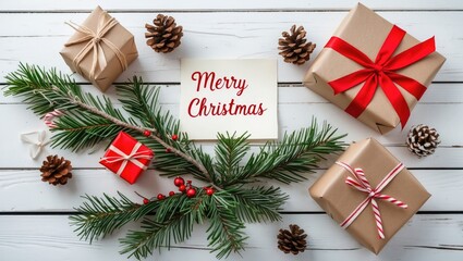 Seasonal decoration with a vibrant green tree branch, a holiday greeting note, and gift boxes arranged on a white wooden table