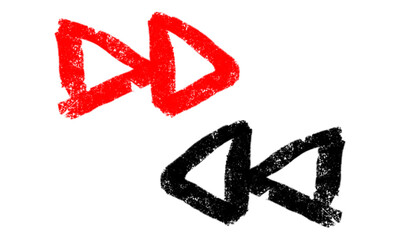 Black and red hand-drawn rewind and fast forward buttons png. Rough marker doodle on transparent background. Ideal for video, audio, and web interface design.