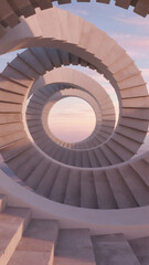 Fototapeta premium A surreal endless staircase spiraling upward into a pastel sky, simple clean architecture, soft lighting with no shadows