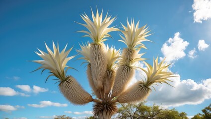 Sunny day scene featuring prominent yucca blossoms