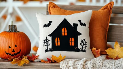 Cozy halloween decor with pumpkins, pillows, and leaves on rustic porch