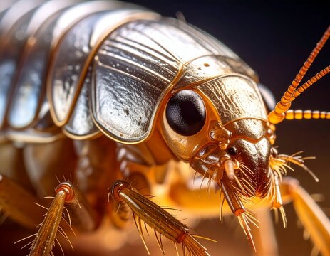 Detailed macro shot of a metallic golden insect, revealing its intricate exoskeleton and prominent compound eyes, a close-up glimpse into the complex micro-world of arthropods