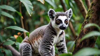 Obraz premium Wild lemur amidst dense green foliage