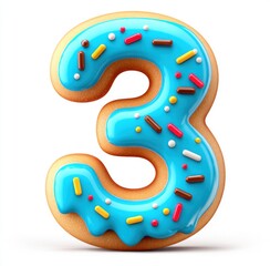 Number Three Shaped Donut with Blue Icing and Sprinkles
