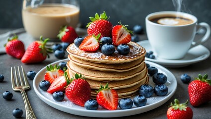 Nutritious breakfast spread with homemade pancakes garnished with strawberries and blueberries, served with coffee