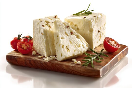 A Photorealistic Advertisement for Feta Cheese Featuring Fresh Tomatoes and Rosemary on a Wooden Board - Mediterranean Food and Healthy Ingredients.
