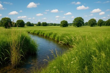 Obraz premium Scenic summer scene with tall grasses and sticks along a brook