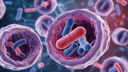 Immune cells attacking tuberculosis bacteria inside pulmonary alveoli